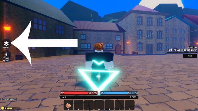 Arrow pointing at the menu button in the anime-inspired Roblox game Hunter Era.