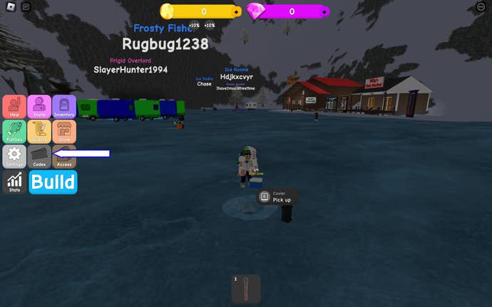 A screenshot of Ice Fishing Simulator in Roblox showing the game's codes button.