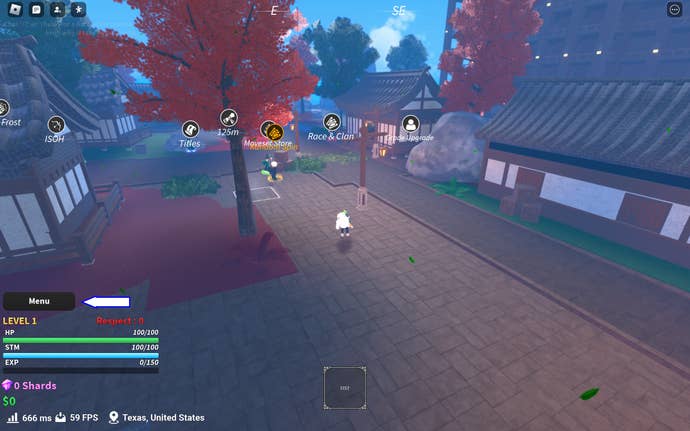 Arrow pointing at the menu button in the Roblox game Jujutsu Piece.