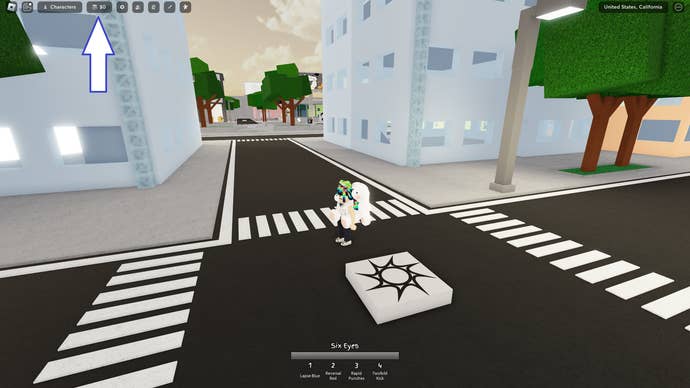 A screenshot from Jujutsu Shenanigans in Roblox showing the game's shop button.