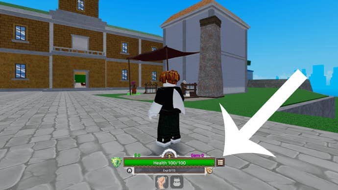 Arrow pointing at the menu button in the Roblox game King Legacy.