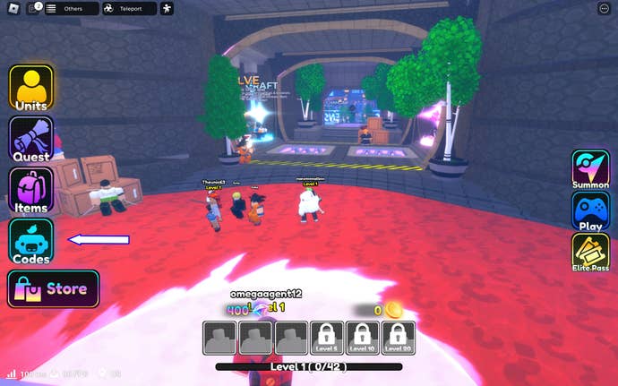 A screenshot from Anime Protectors Defense in Roblox showing the game's codes button.