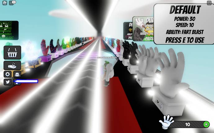 A screenshot from Slap Battles in Roblox showing the game's Twitter logo button.