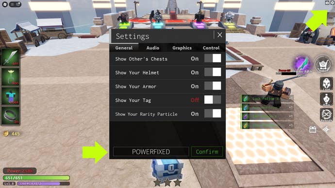 The code redemption screen in the Roblox game, Lootify, with arrows pointing to the menu icon and text input box.