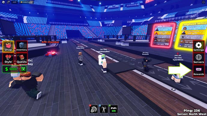 A screenshot of MMA Legends in Roblox showing the game's rewards button.