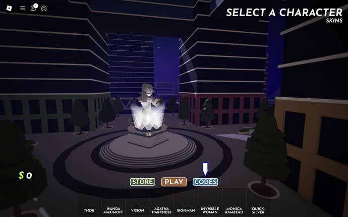 A screenshot of Marvel Omega in Roblox showing the game's codes button.