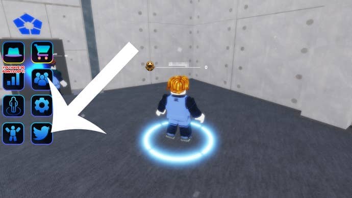 Arrow pointing at the button for the codes menu in the Roblox game Meta Lock.