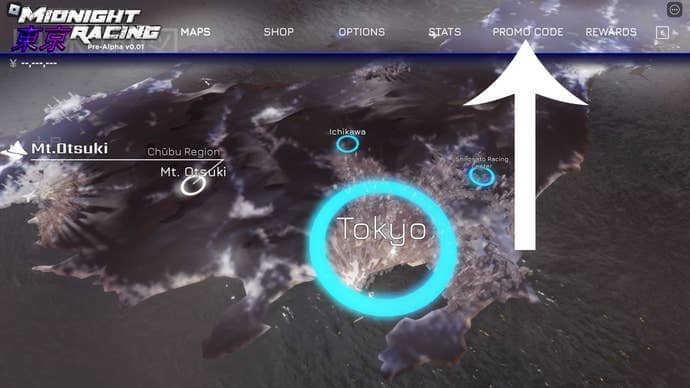 In-game screenshot of Roblox game Midnight Racing Tokyo with an arrow pointing at the button players need to press to redeem a code.