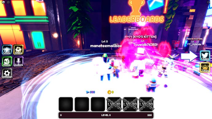 A screenshot from Multiverse Tower Defense in Roblox showing the game's codes button.