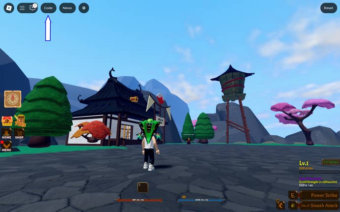 A screenshot of Ninjitsu: Master of Elements in Roblox showing the game's codes button.