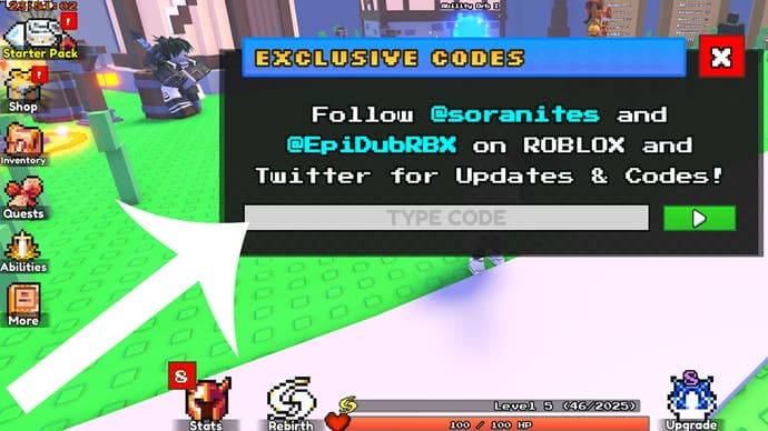 The menu used to redeem codes in the Roblox game Pixel Slayer.