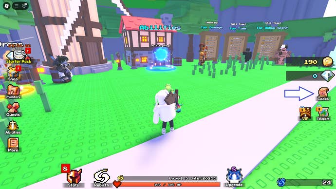 An arrow pointing at the codes button in the Roblox game Pixel Slayer.