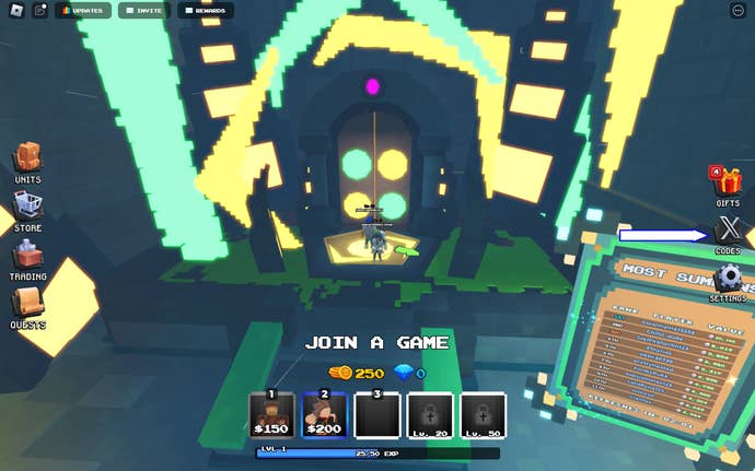 A screenshot from Pixel Tower Defense in Roblox showing the game's codes button.