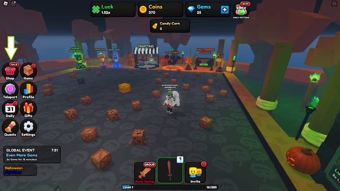 A screenshot of RNG Odyssey in Roblox showing the game's shop button.