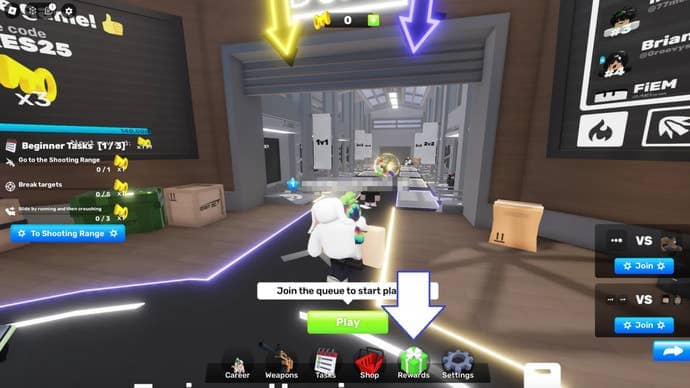 Arrow pointing at the rewards button in the Roblox game Rivals.