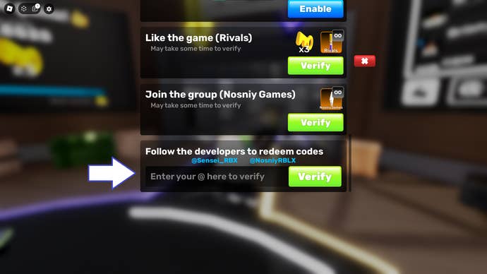 A screenshot from Rivals in Roblox showing the game's codes field.