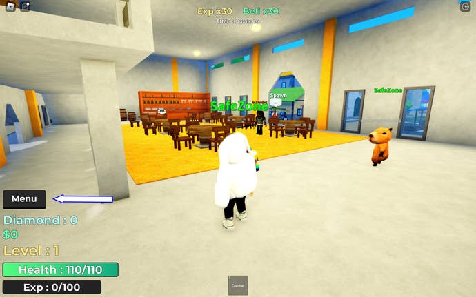 A screenshot from Rock Fruit in Roblox showing the game's Menu button.