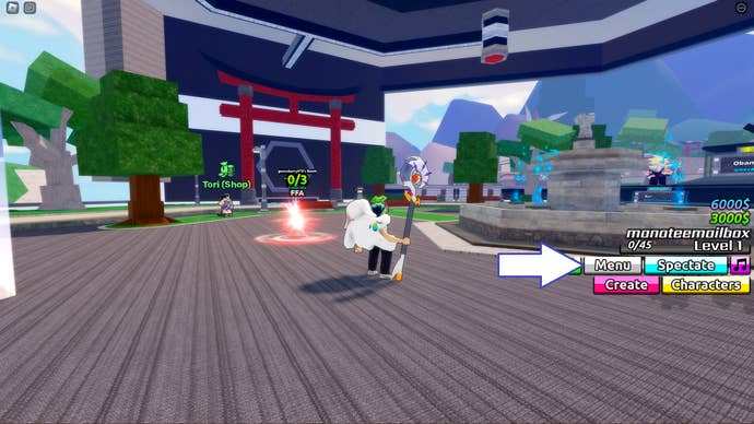 A screenshot from Shonen Smash in Roblox showing the game's menu button.