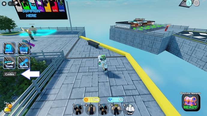 Arrow pointing at the codes button in the Roblox game Sorcerer Tower Defense.