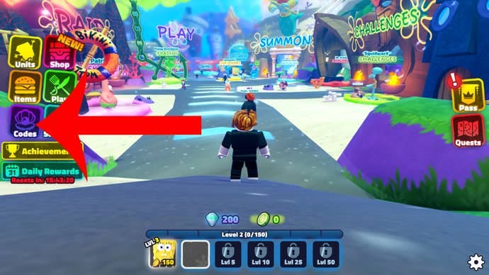 Arrow pointing at the button for the codes menu in SpongeBob Tower Defense.