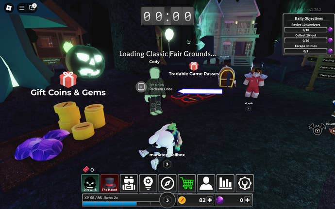 A screenshot of Survive the Killer in Roblox showing the game's codes NPC.