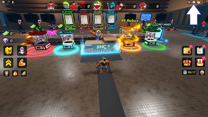 A screenshot from Swim League in Roblox showing the game's settings button.