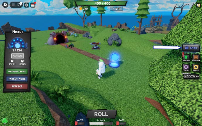 A screenshot of Tower Defense RNG in Roblox showing the game's Shop button.