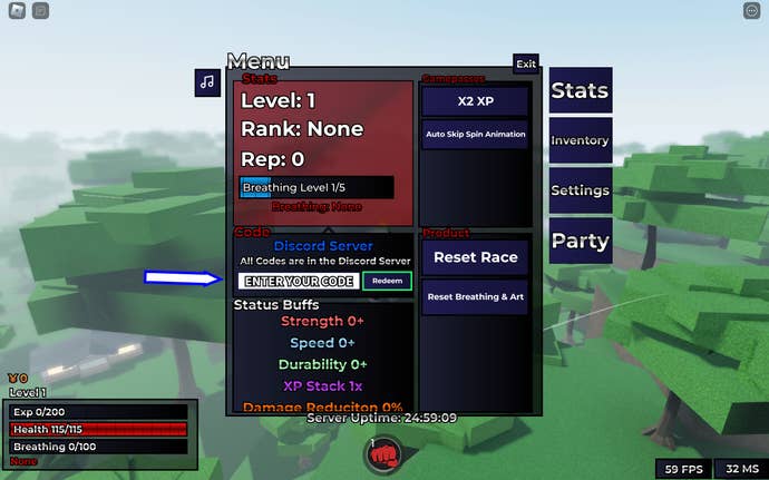 A screenshot of Weak Legacy 2 in Roblox showing the game's codes field.