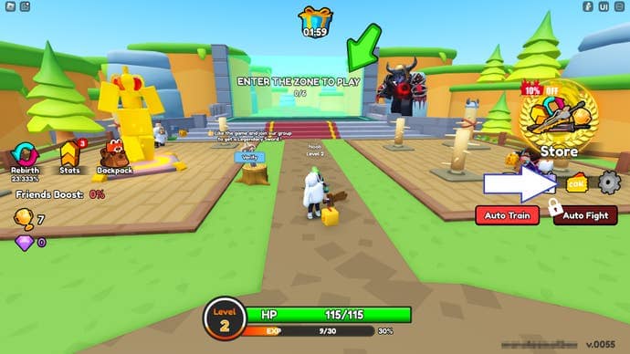 A screenshot from Warrior Simulator in Roblox showing the game's codes button.